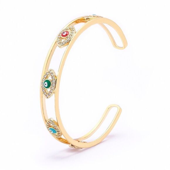 Brand New Gold Evil Eye, Precious Stone Accent Cuff Bracelet - Picture 2 of 6